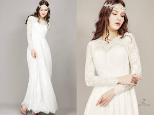 White Lace Bohemian Long sleeve Boho Wedding Dress