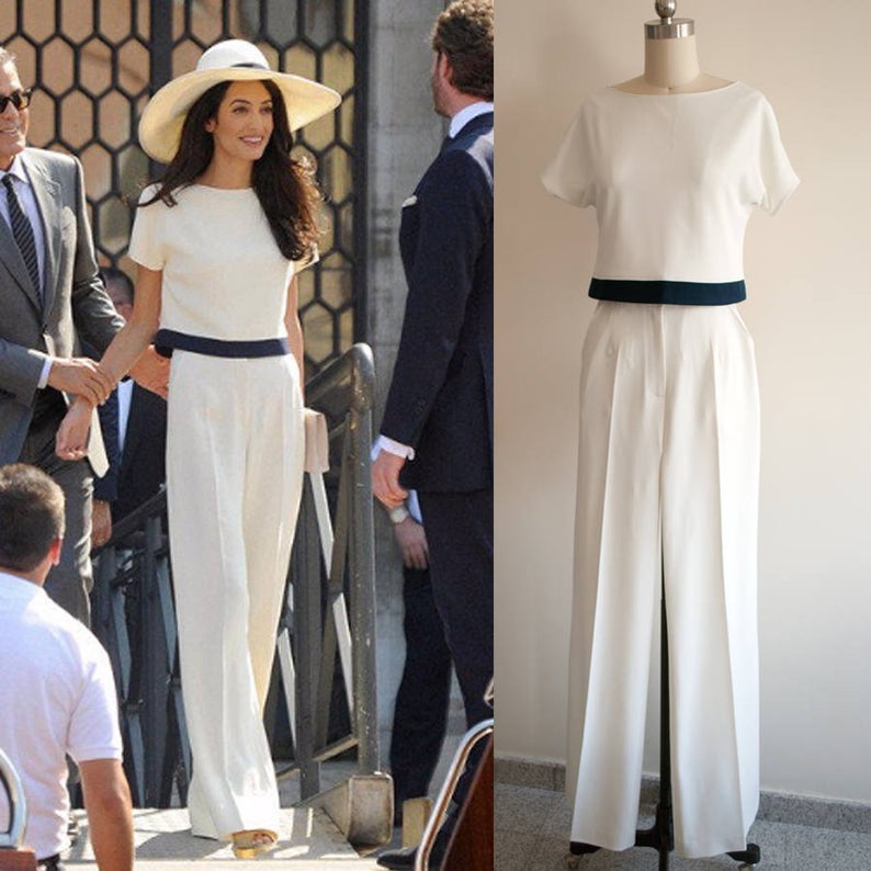 Amal Clooney Suit White Jumpsuit Cream Pants Wide leg jumpsuit MJcostume